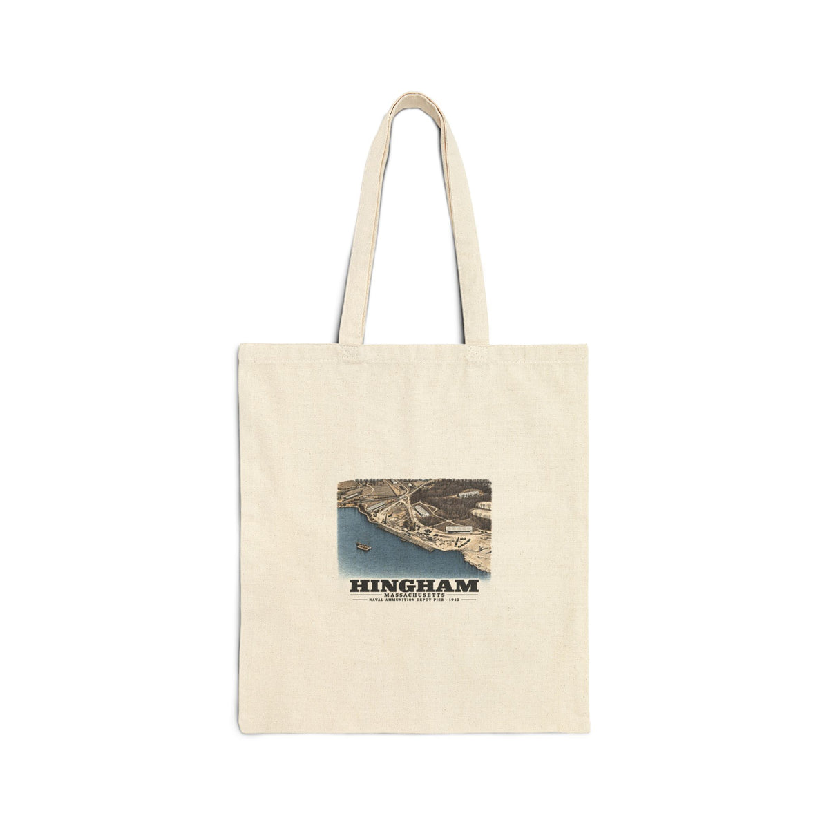 Construction progress New pier USNAD, Hingham, MA Natural Heavy Canvas Tote - Boston Harbor