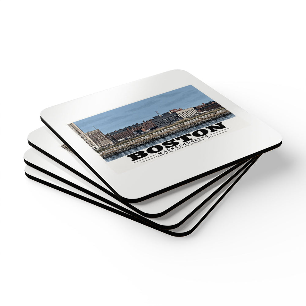 Stack of square coasters with Commercial Wharf and Aquarium waterfront buildings, stone seawall and harbor water artwork visible on the top coaster