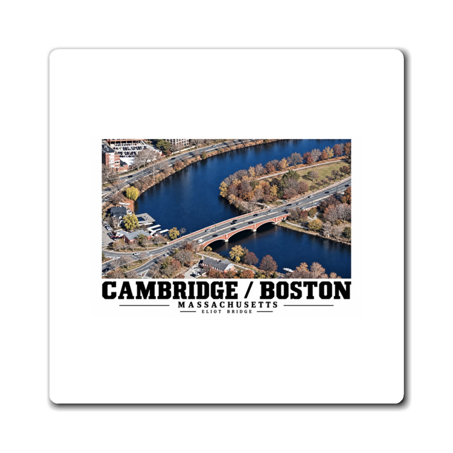 White rectangular magnet showing Eliot Bridge aerial river view artwork and Cambridge/Boston lettering