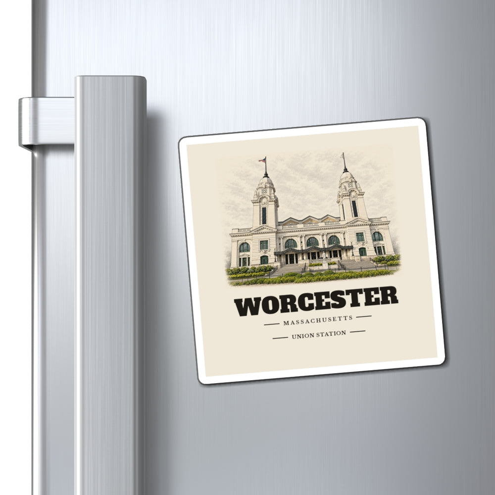 Worcester Union Station 4 inch magnet shown on a refrigerator