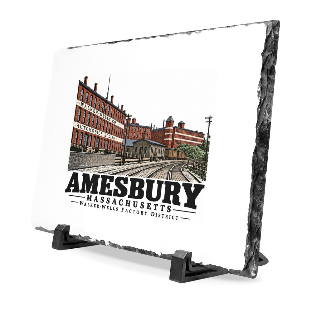 Illustrated Walker-Wells automobile-body factory district and Boston & Maine rail yard in Amesbury on slate desk plaque