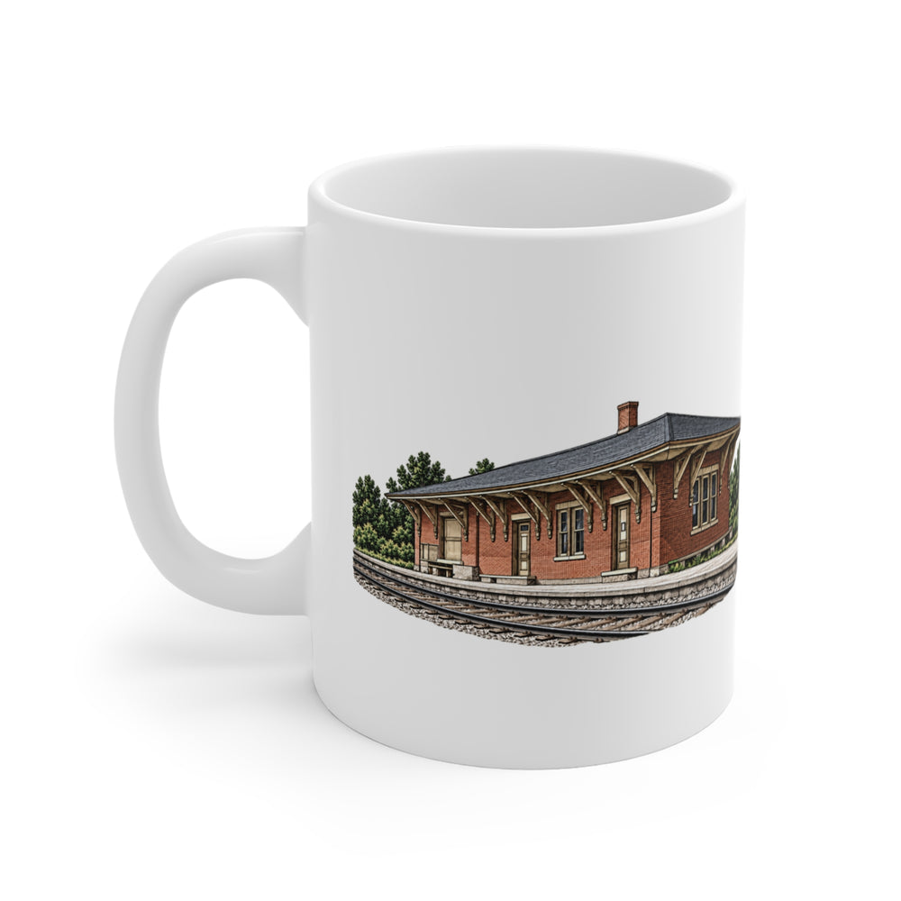 Cumberland Berkeley Railroad Station 11 oz ceramic mug — artwork view, handle left — Familiar History