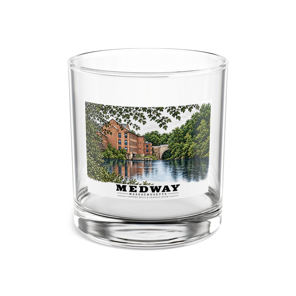 Sanford Mills and Sanford Street Bridge, Charles River, Medway village 10 oz Rocks Glass - Charles River