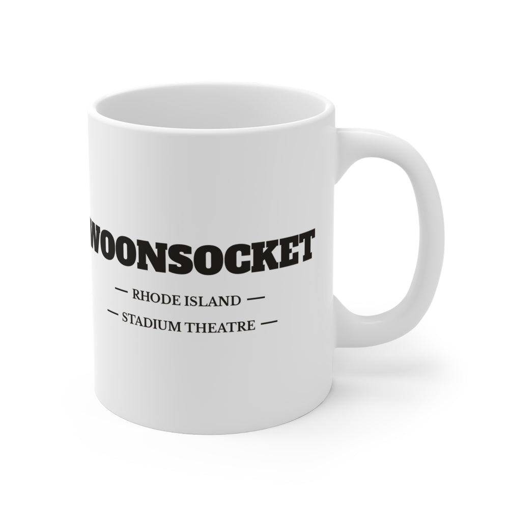 Woonsocket Stadium Theatre 11 oz ceramic mug — lettering view, handle right — Familiar History