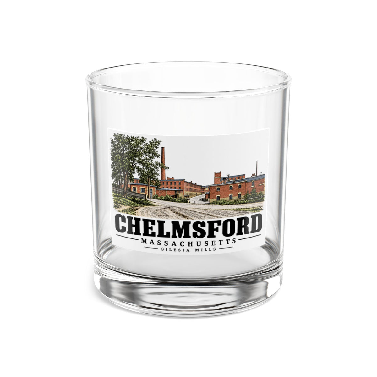 Front of Silesia Mills rocks glass, with Chelmsford, Massachusetts artwork and lettering.