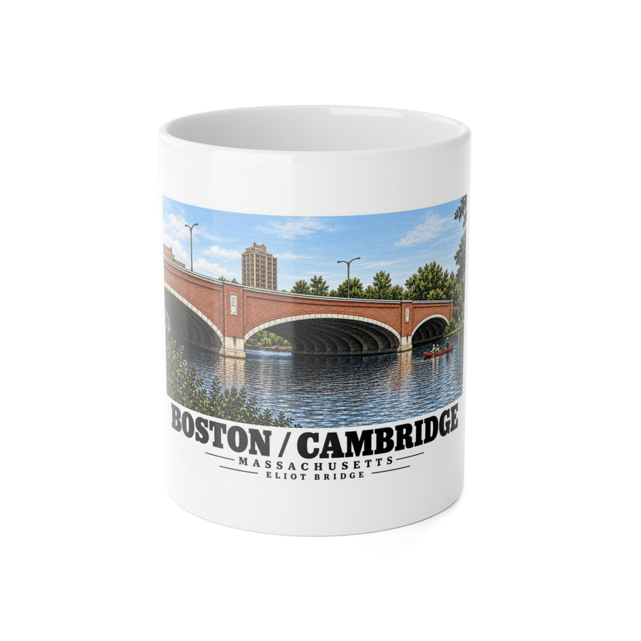 White mug showing Eliot Bridge red brick arches and boats artwork and Boston/Cambridge lettering