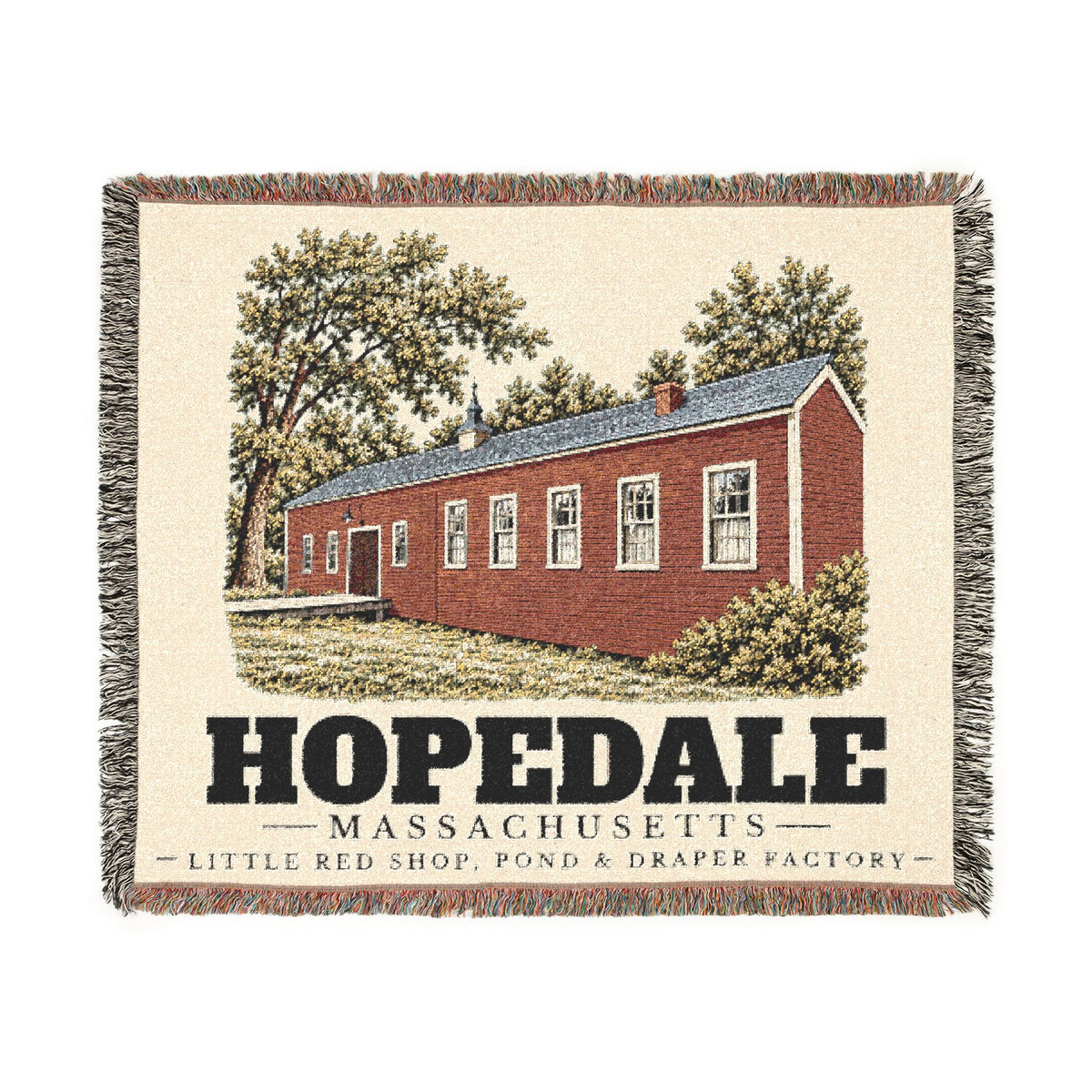 Little Red Shop, pond & Draper factory — Hopedale, Massachusetts Woven Blanket