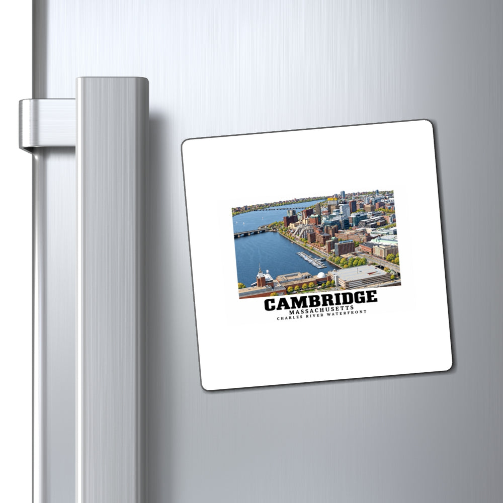 Cambridge Charles River waterfront aerial city view magnet on a refrigerator beside its handle