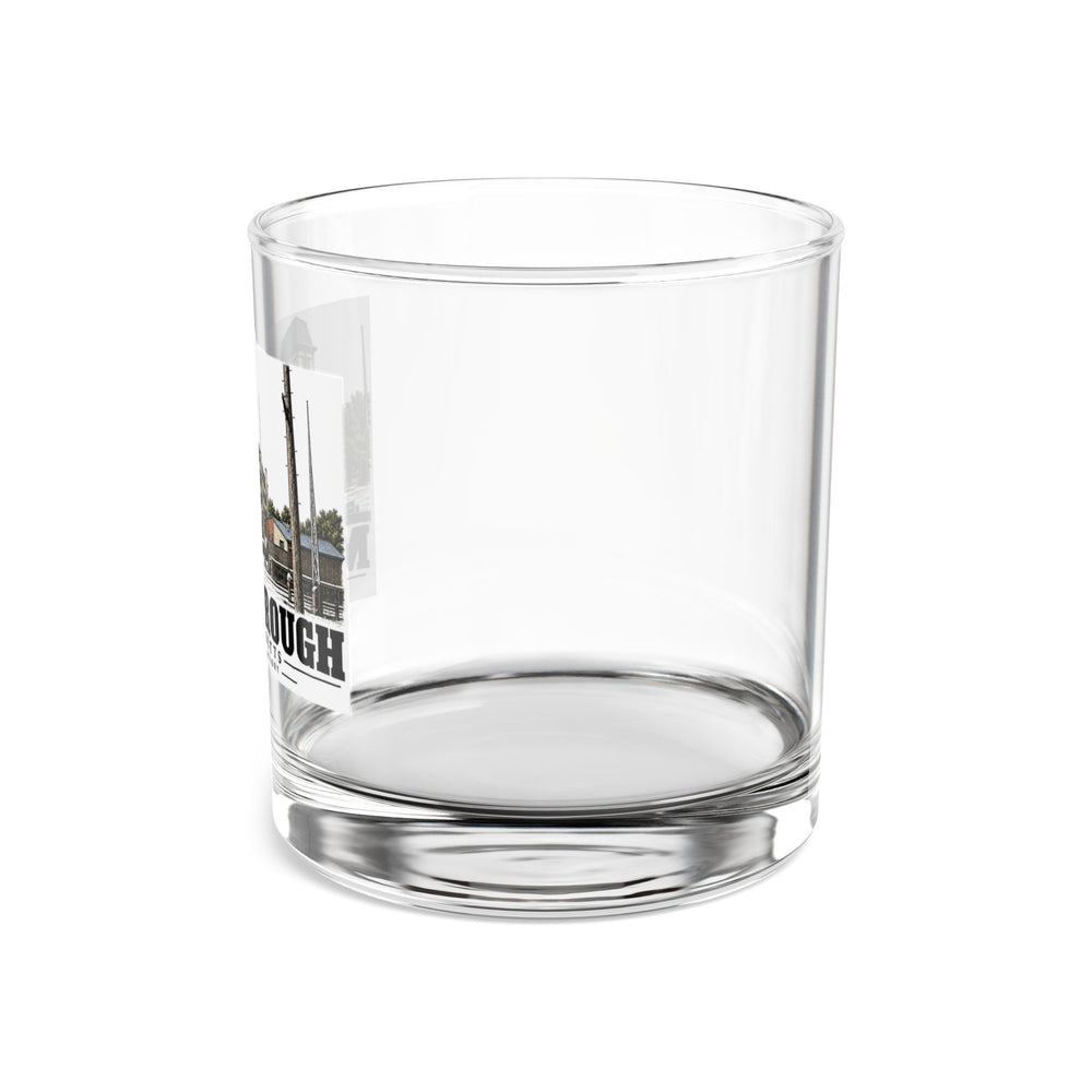 Illustrated Douglass Shoe Factory in Marlborough on rocks glass