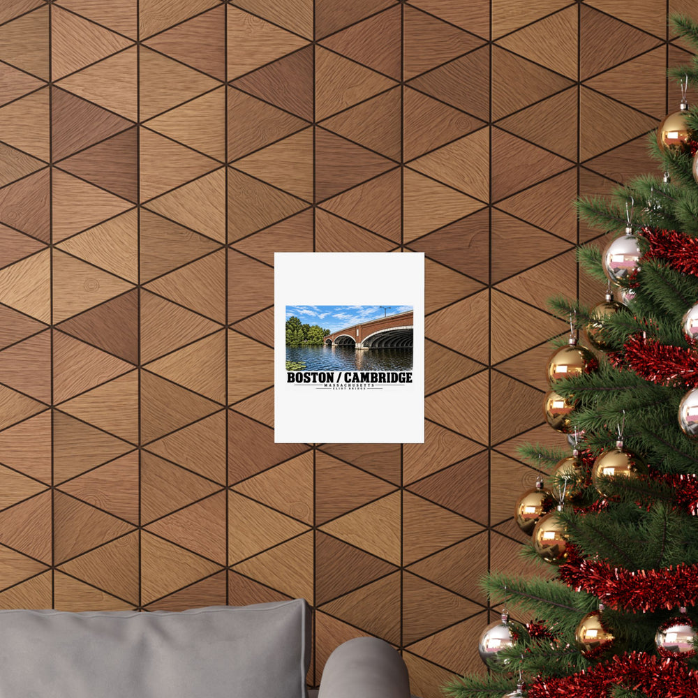 Eliot Bridge close red brick arch view poster on a wood wall beside a decorated evergreen