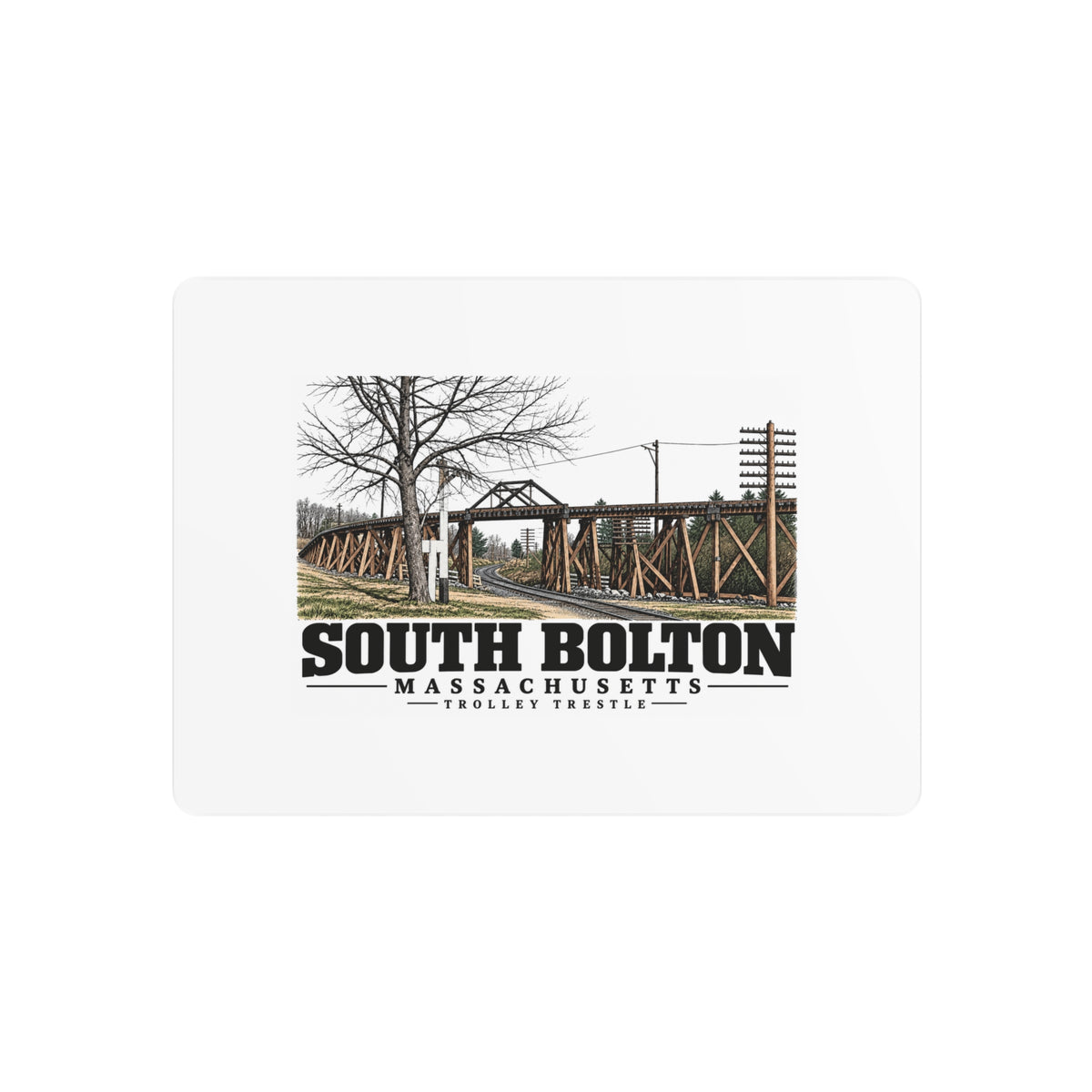 Illustrated Trolley Trestle in South Bolton on metal art sign