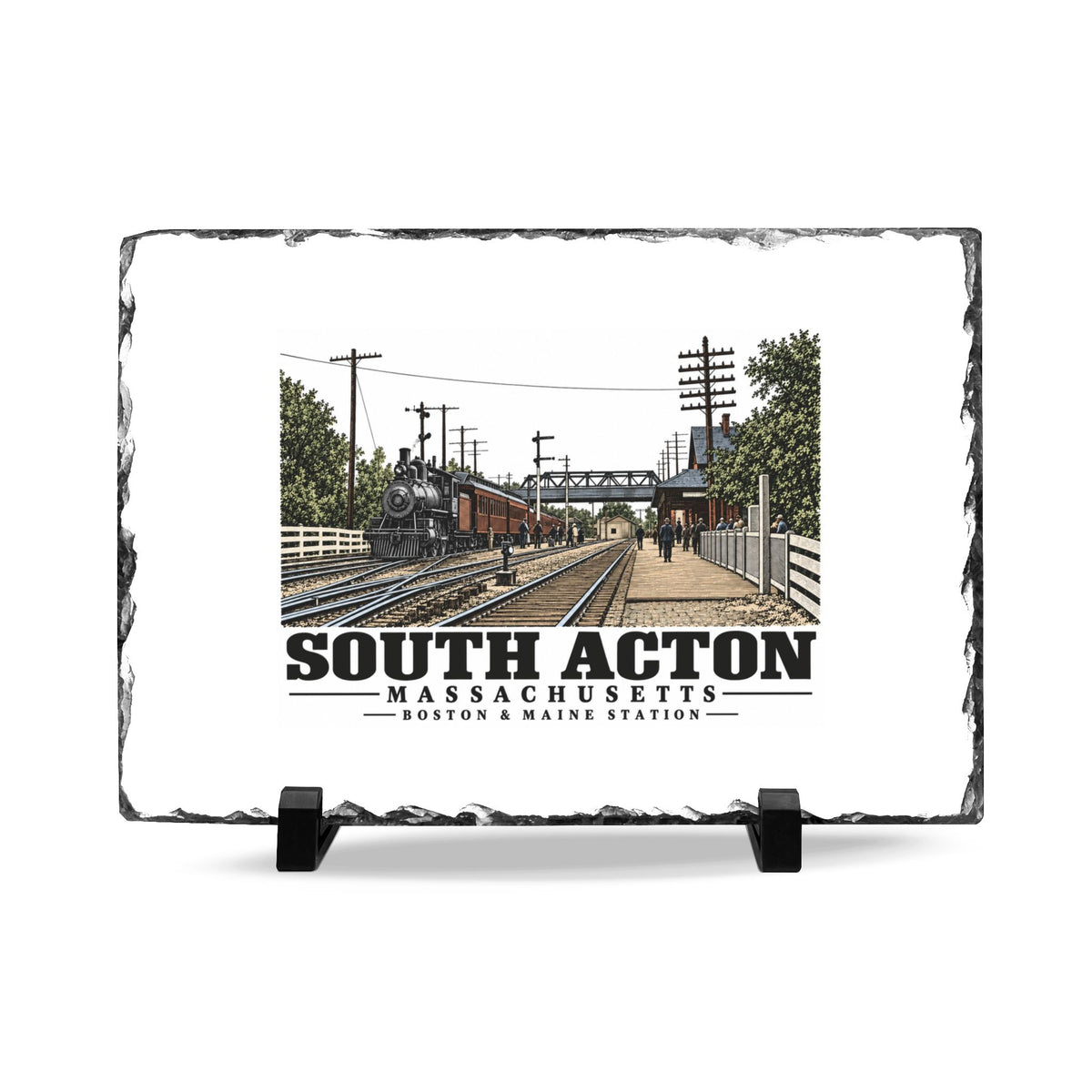 Illustrated Boston & Maine Station in South Acton on slate desk plaque