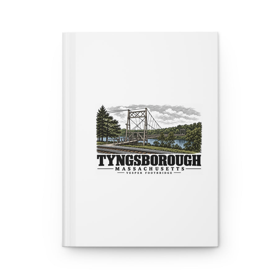 Front cover of Vesper Footbridge matte hardcover journal, with Tyngsborough, Massachusetts artwork and lettering.