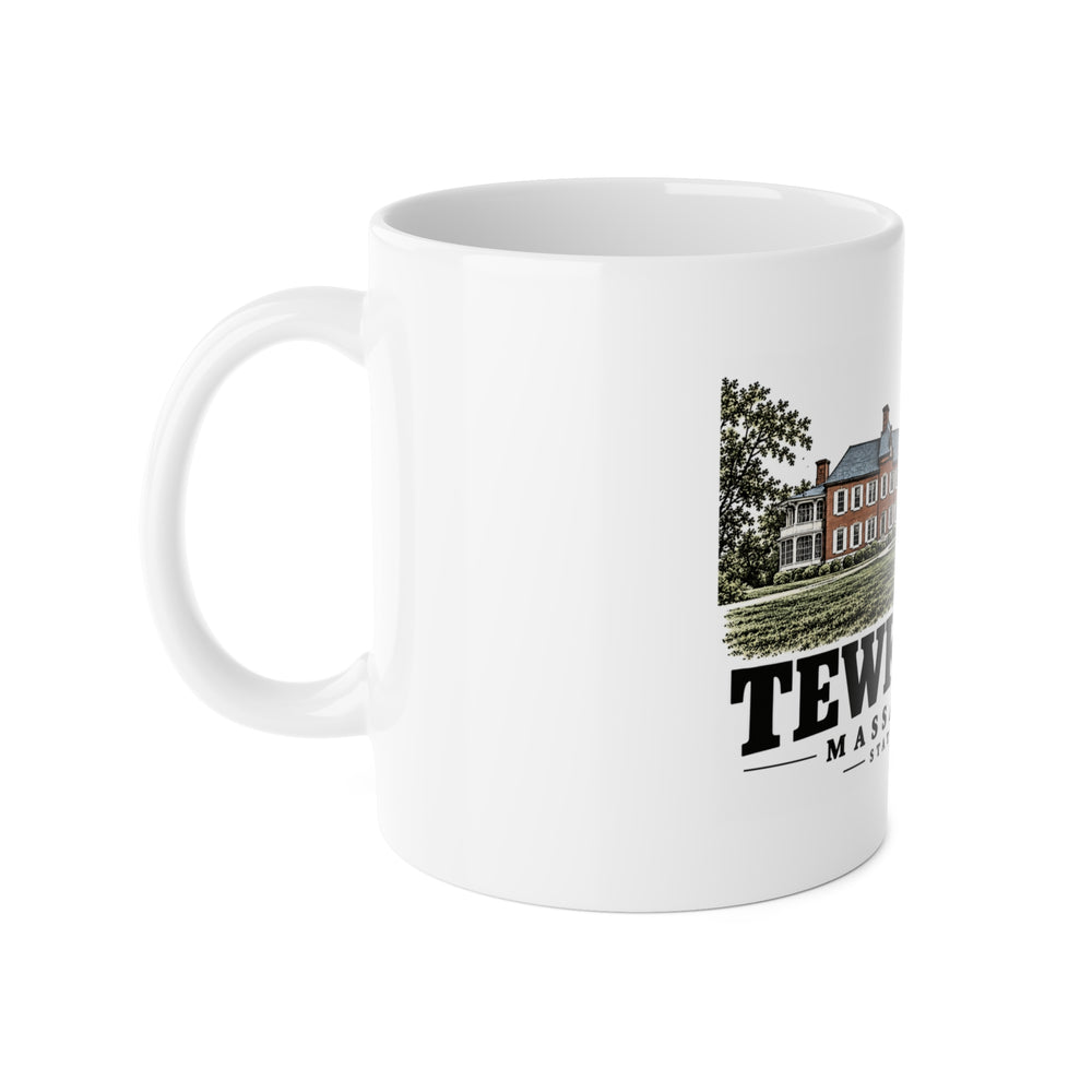 Left-handle side view of State Hospital white ceramic mug, Tewksbury, Massachusetts.
