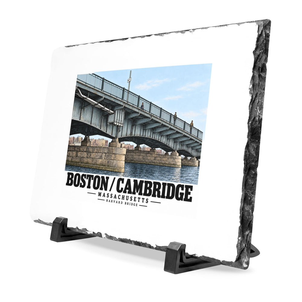 Angled slate plaque with Harvard Bridge artwork and Boston/Cambridge lettering, a rough edge and two supports