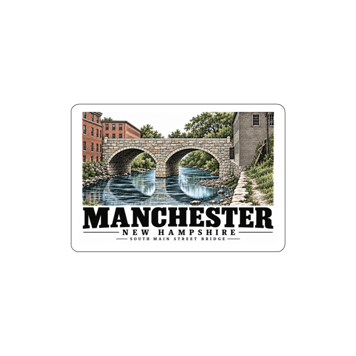 Front of South Main Street Bridge white die-cut sticker, with Manchester, New Hampshire artwork and lettering.
