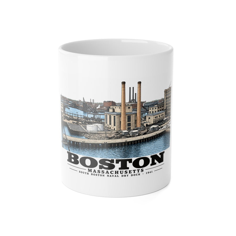 South Boston Dry Dock Area Mar 29-41 from roof of elevator shaft SE 11 oz White Ceramic Mug - Boston Harbor