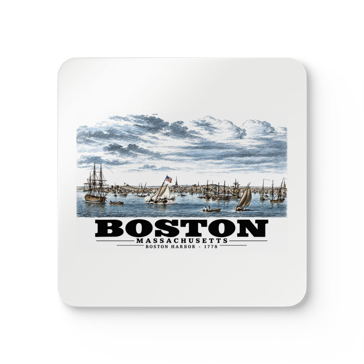 White square coaster showing Boston Harbor waterfront scene with sailing ships artwork and Boston lettering