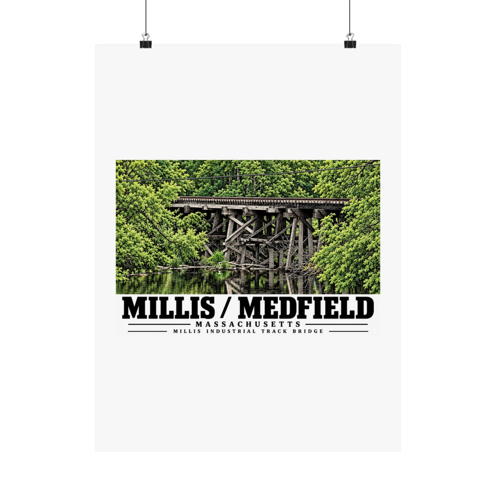 Millis Industrial Track wooden railway trestle and green foliage poster with Millis/Medfield lettering hanging from two binder clips