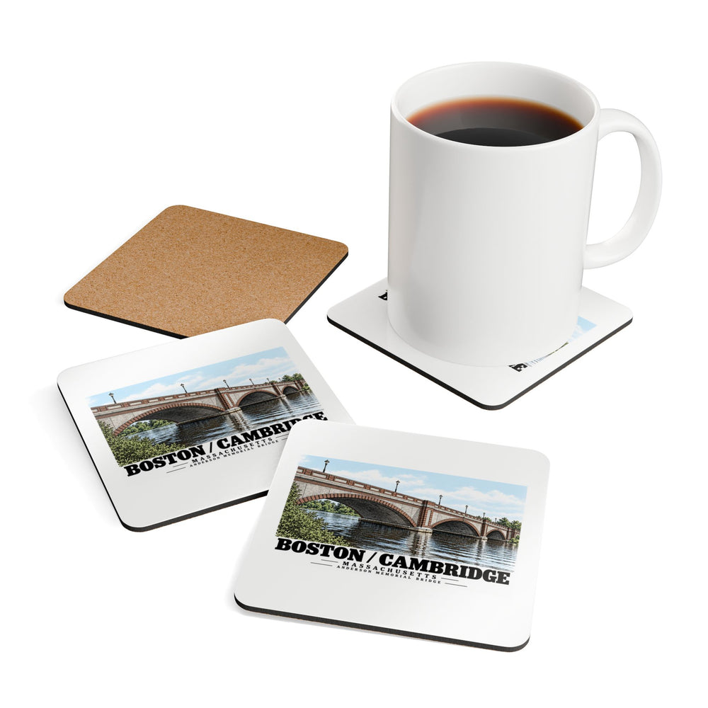 Coasters showing Anderson Memorial Bridge close arch view artwork beside a plain white mug of coffee and a coaster's cork reverse