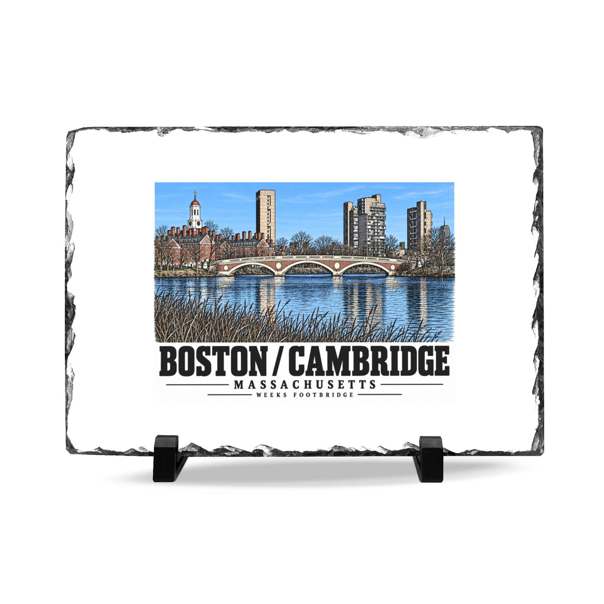 Rough-edged slate display on two black stands with Weeks Footbridge stone arches and riverside towers artwork and Boston/Cambridge lettering