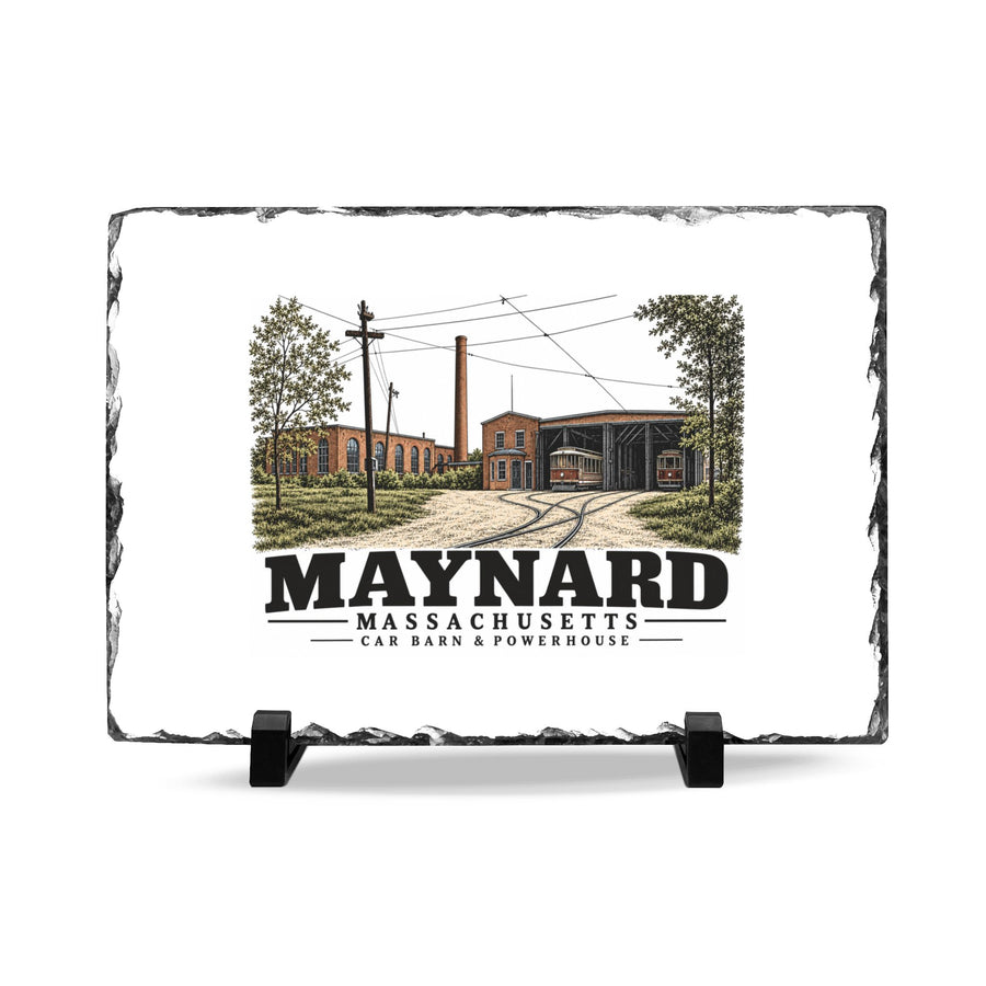 Illustrated Car Barn & Powerhouse in Maynard on slate desk plaque