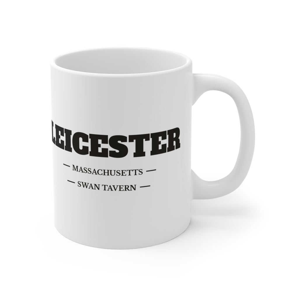 Leicester Swan Tavern 11 oz ceramic mug — lettering view, handle right — Familiar History