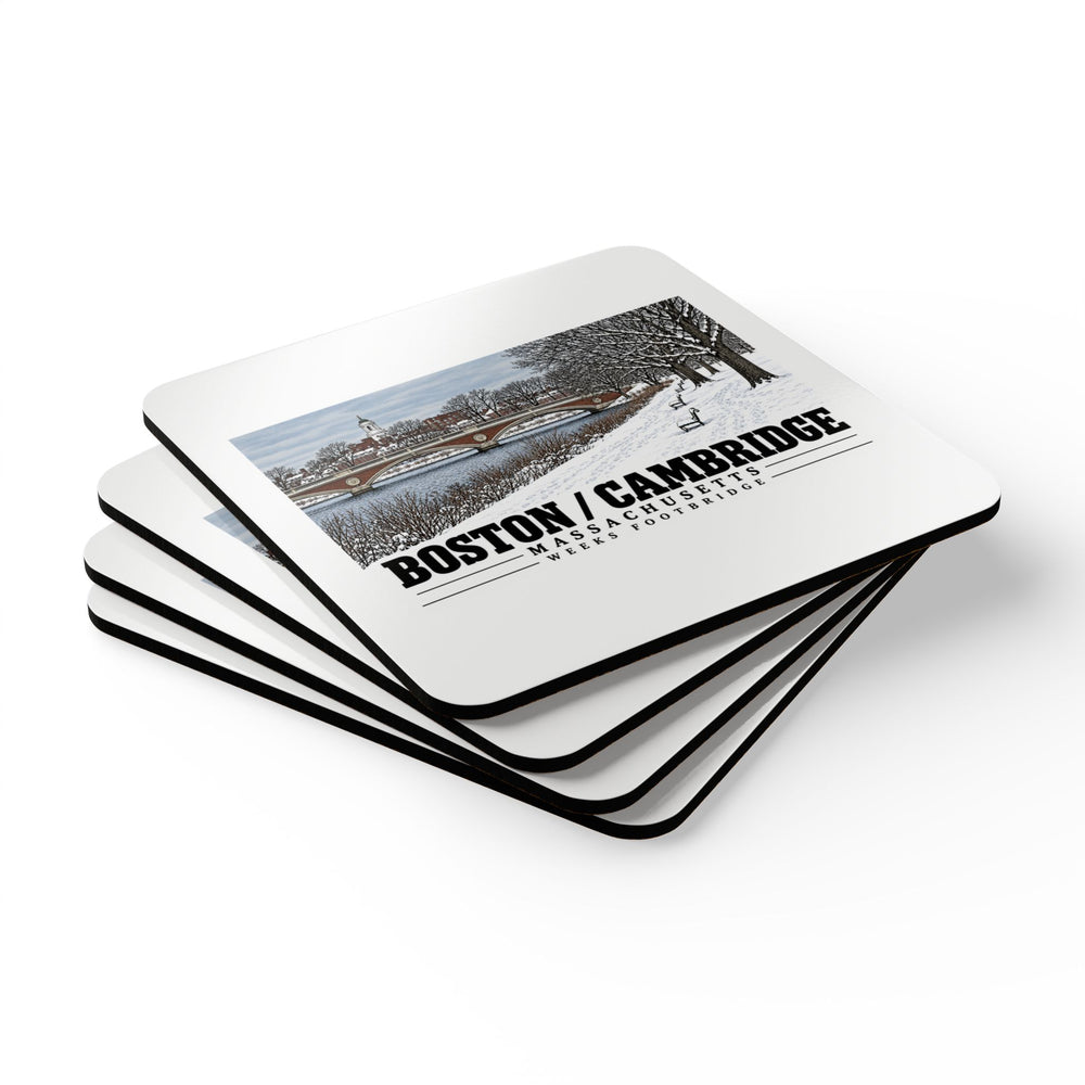 Stack of square coasters with Weeks Footbridge winter riverbank view with snow and benches artwork visible on the top coaster
