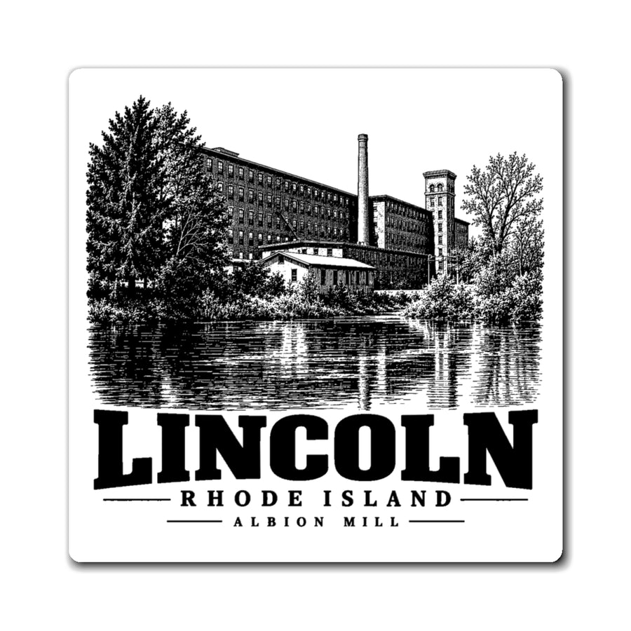 Front view of a square magnet with black-and-white Lincoln, Rhode Island artwork of Albion Mill