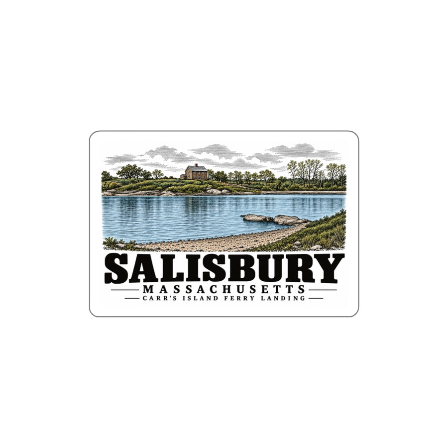 Front of Carr's Island Ferry Landing white die-cut sticker, with Salisbury, Massachusetts artwork and lettering.