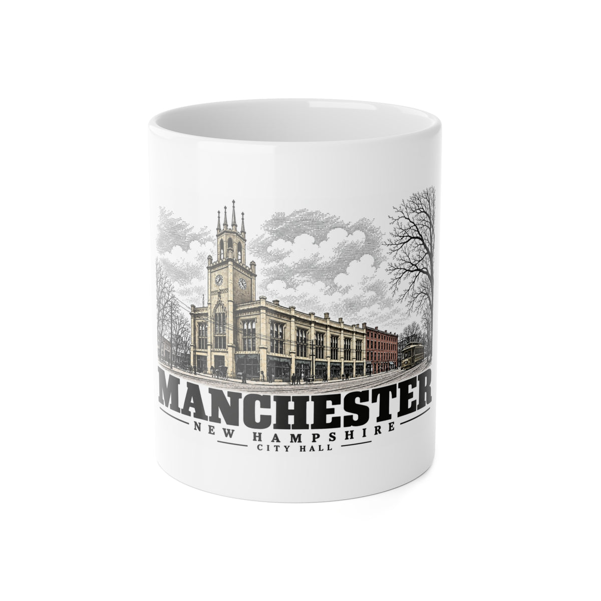 Front of City Hall white ceramic mug, Manchester, New Hampshire.