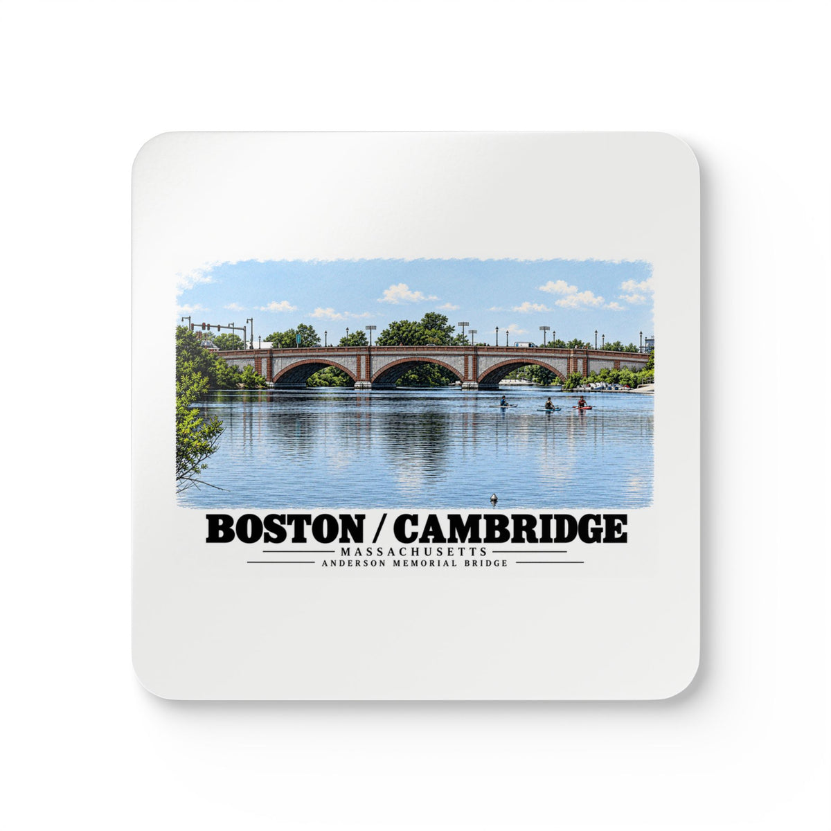 White square coaster showing Anderson Memorial Bridge and scullers artwork and Boston/Cambridge lettering