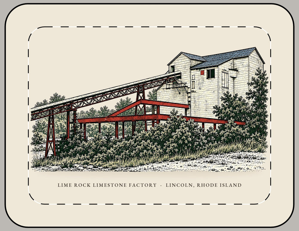 Lincoln Lime Rock Limestone Factory 15-inch laptop sleeve mockup showing the full illustrated print