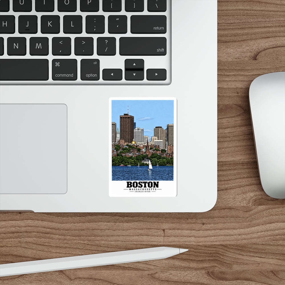 Illustrated View of Boston, Massachusetts, from the Charles River in Boston and Cambridge on die-cut sticker