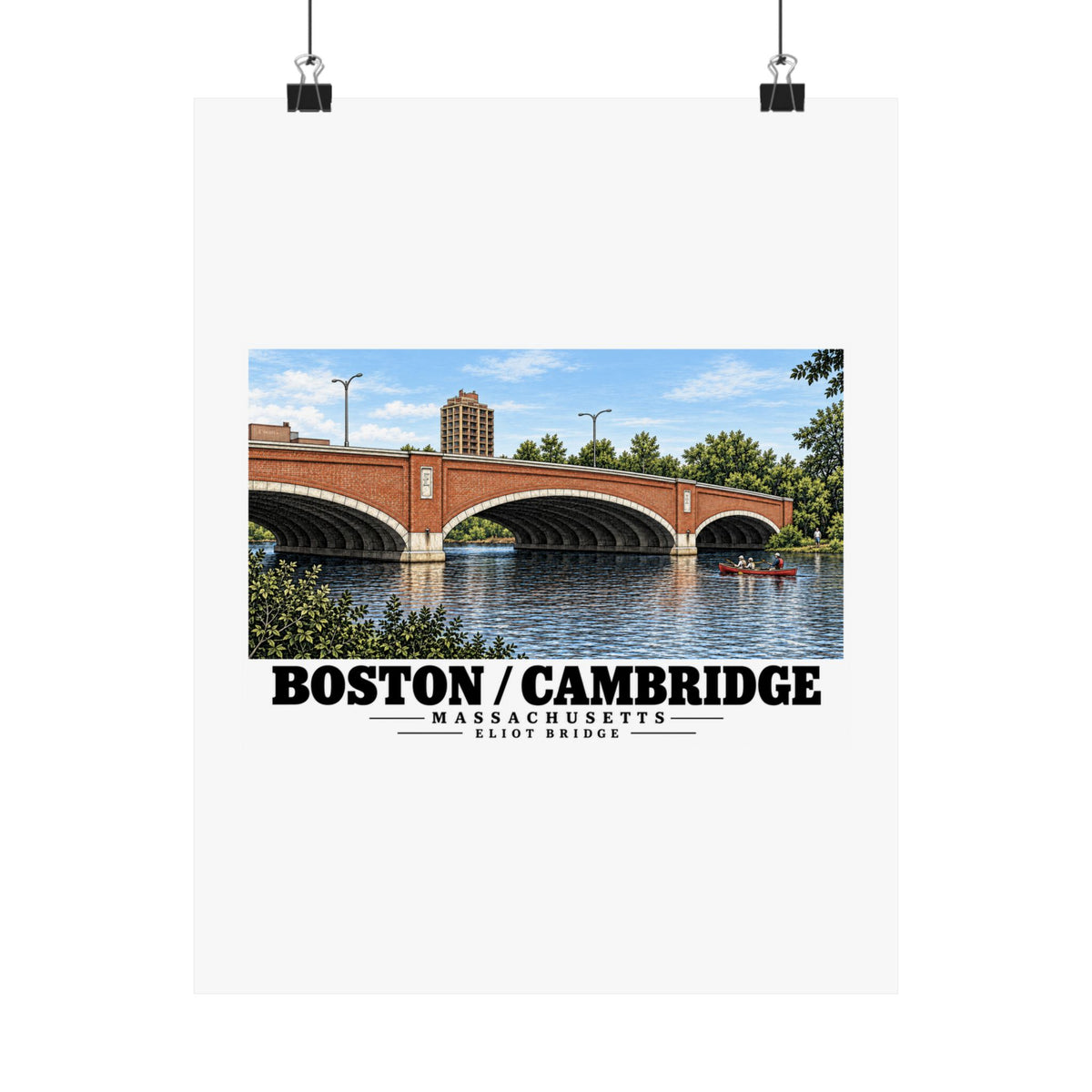 Eliot Bridge red brick arches and boats poster with Boston/Cambridge lettering hanging from two binder clips