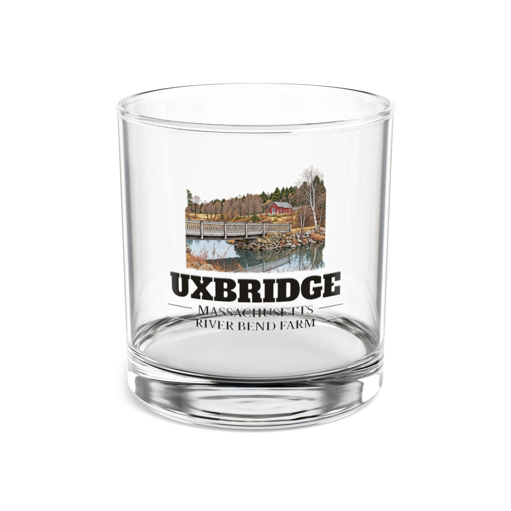 Front view of the Uxbridge River Bend Farm artwork printed on a clear 10 oz rocks glass