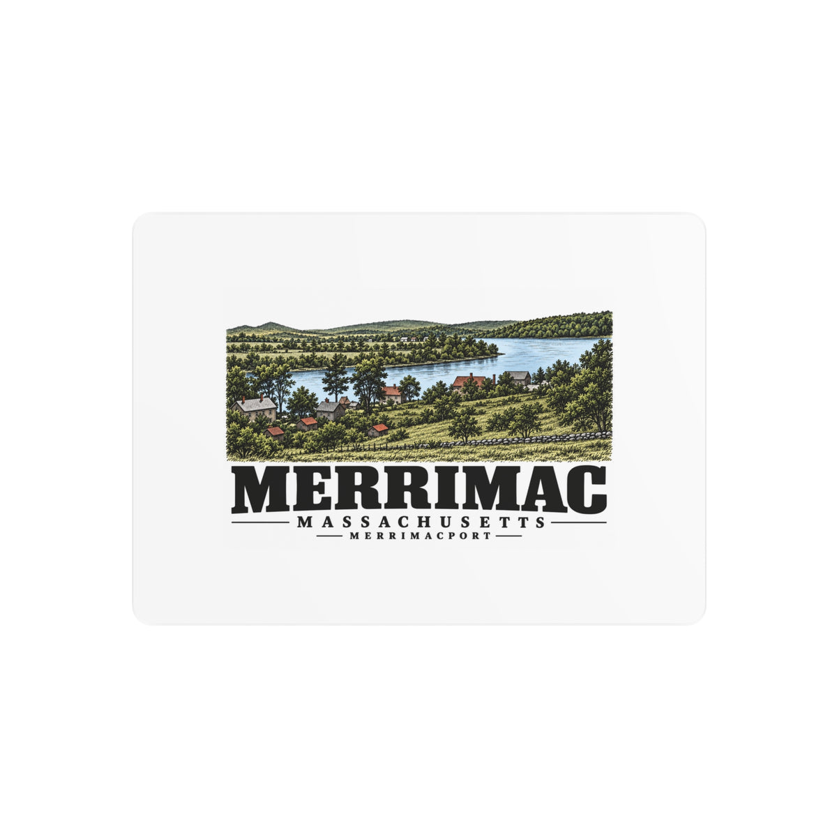 Front of Merrimack River from Noyes Hill metal wall art, with Merrimac, Massachusetts artwork and lettering.