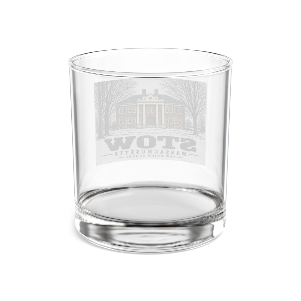 Illustrated New Union School in Stow on rocks glass
