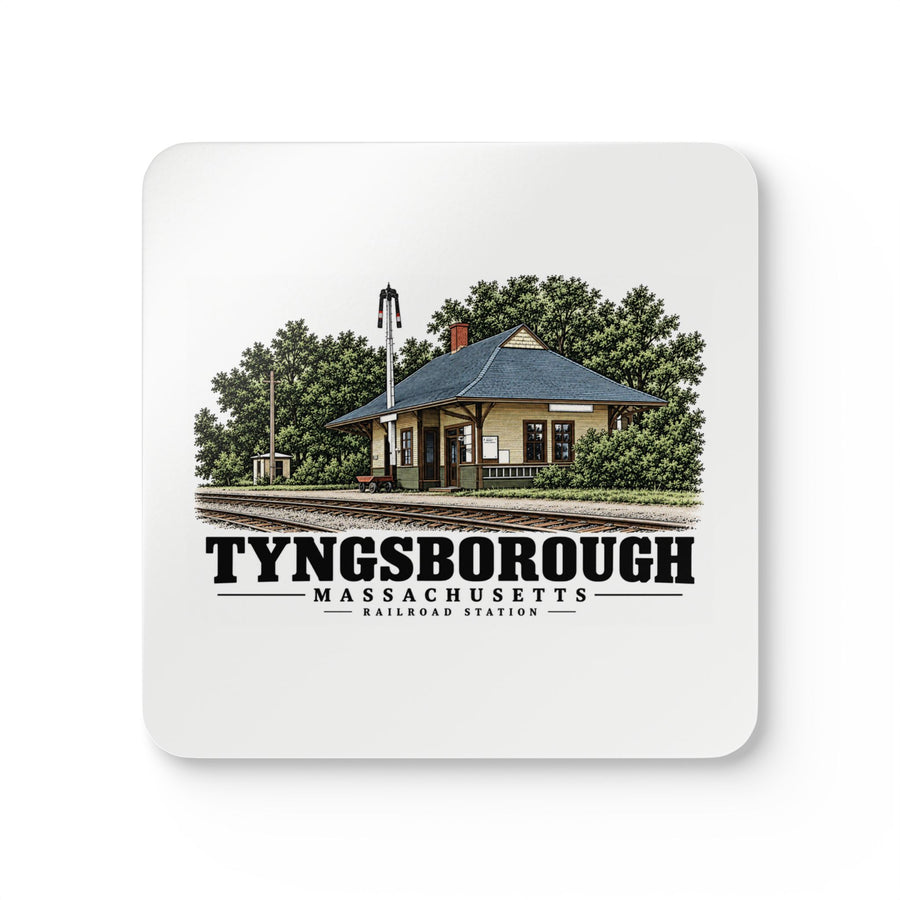 Front of Railroad Station square cork-backed coaster set, Tyngsborough, Massachusetts.