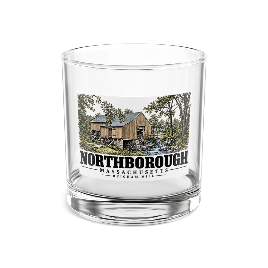 Illustrated Brigham Mill in Northborough on rocks glass
