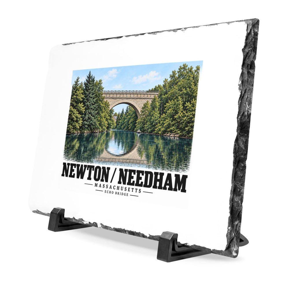 Angled slate plaque with Echo Bridge artwork and Newton/Needham lettering, a rough edge and two supports
