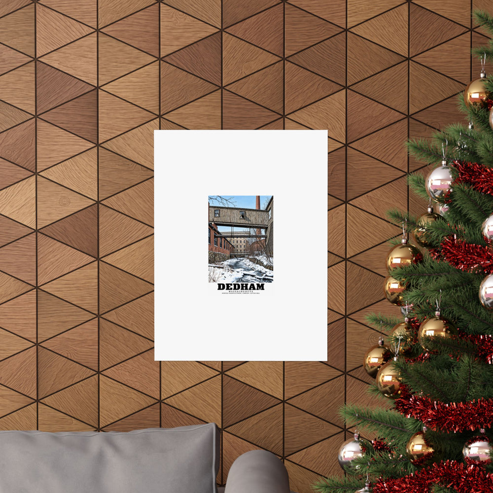 Larger Dedham Norfolk Manufacturing Company Cotton Mill matte poster displayed above a sofa beside a decorated tree.