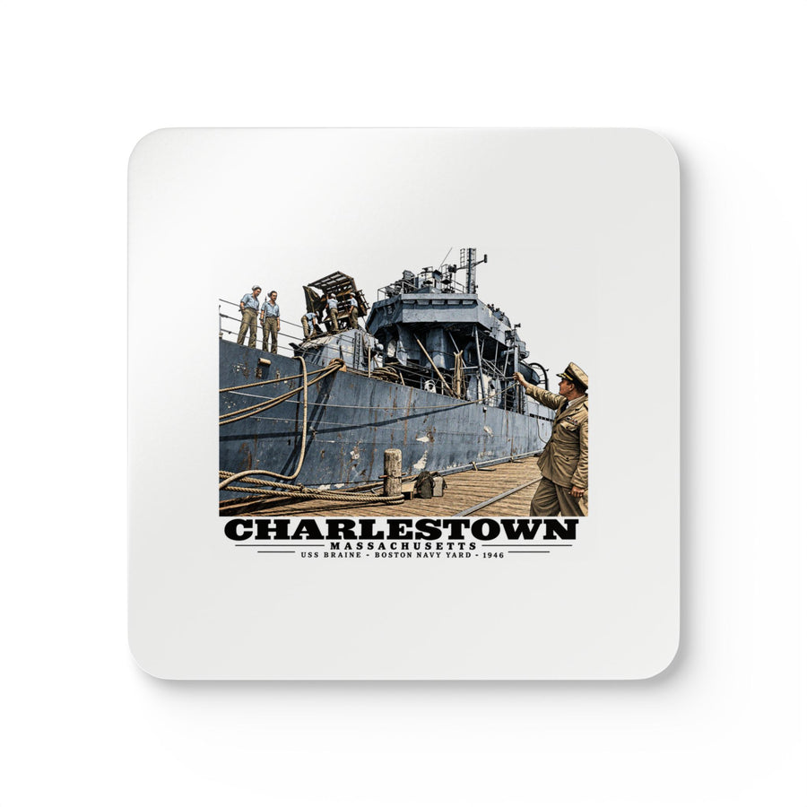 Illustrated USS Braine at Boston Navy Yard in Charlestown on corkwood coaster set