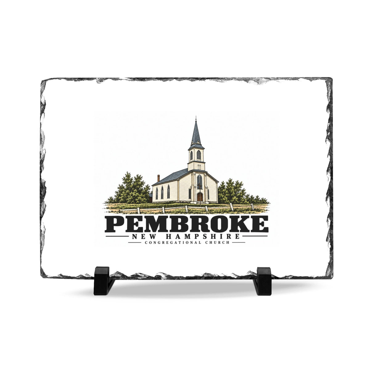 Front on display stands of Congregational Church slate desk plaque, with Pembroke, New Hampshire artwork and lettering.