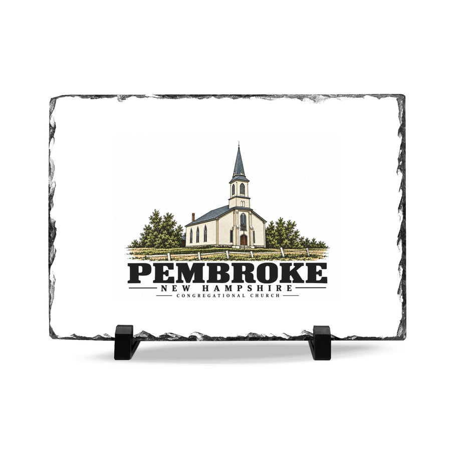 Front on display stands of Congregational Church slate desk plaque, with Pembroke, New Hampshire artwork and lettering.
