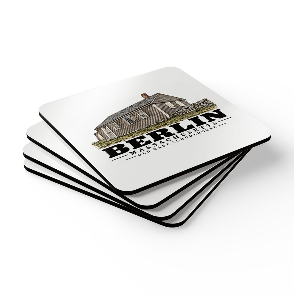 Illustrated Old East Schoolhouse in Berlin on corkwood coaster set