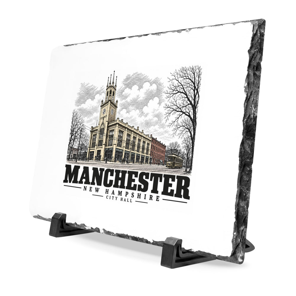 Illustrated Manchester City Hall in Manchester on slate desk plaque