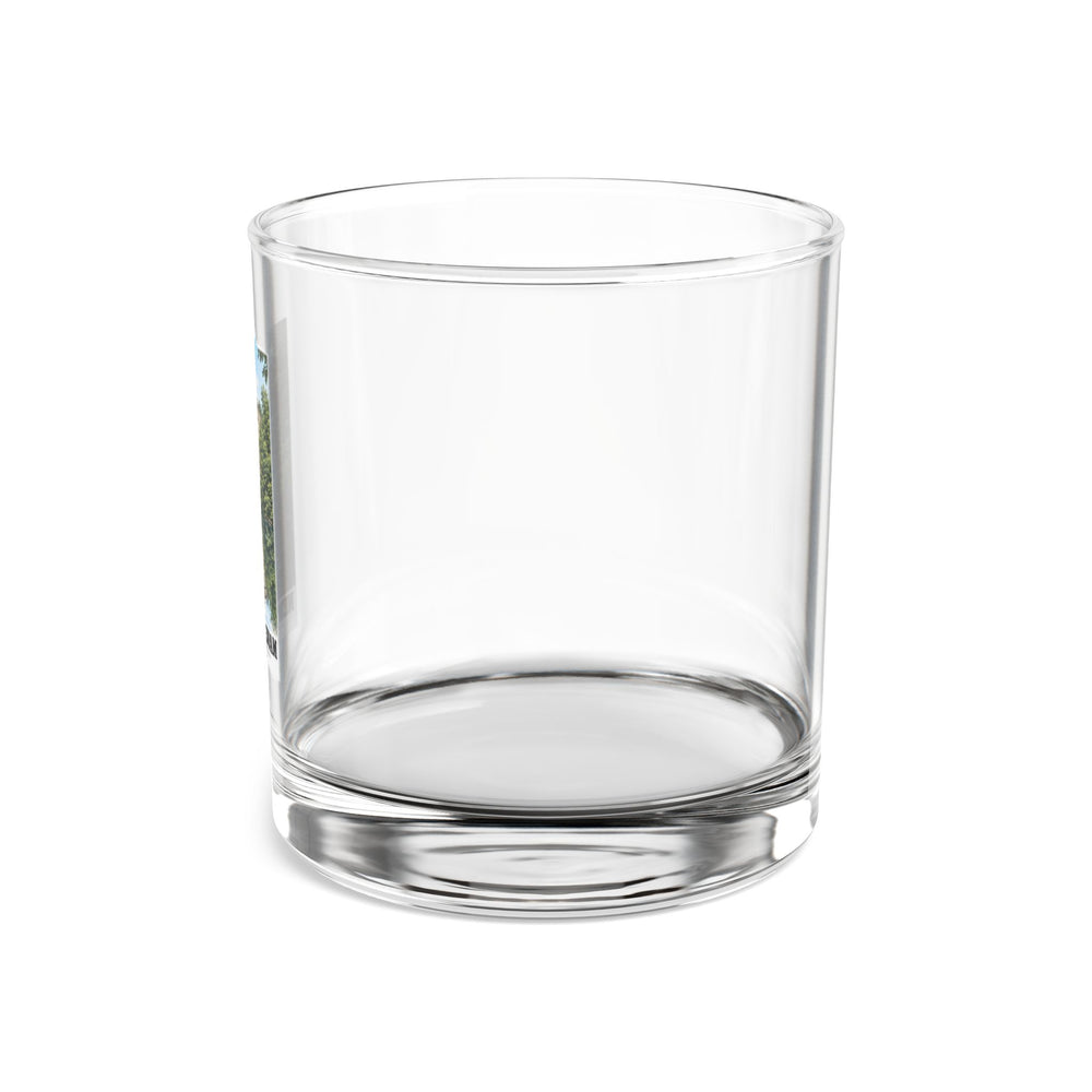 Side view of clear rocks glass with mostly unprinted surface and part of Echo Bridge portrait print at left