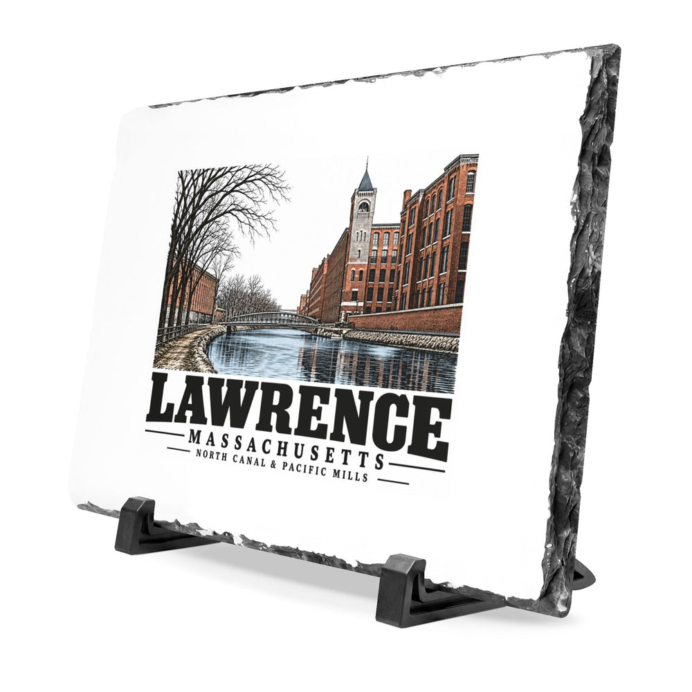 Angled front on display stands of North Canal and Pacific Mills slate desk plaque, with Lawrence, Massachusetts artwork and lettering.