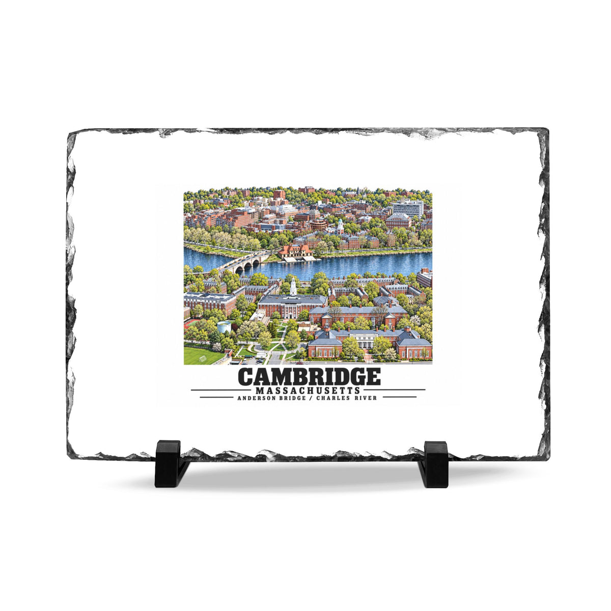 Illustrated Aerial view of Cambridge with Charles River past Harvard University in Cambridge and Boston on slate desk plaque